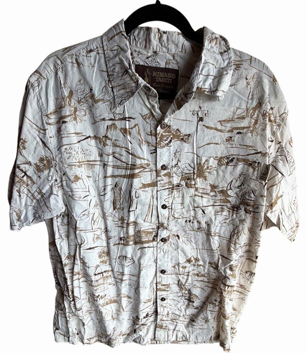 Hinano Tahiti Hawaiian Shirt LARGE Brown White Back in the Day Cotton Aloha